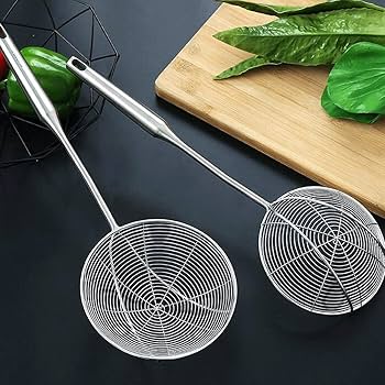 Picture of 8 inch Frying strainer/ Large Oil Strainer/ Deep Fry Strainer for Kitchen/ Tel Chakni -Stainless Steel/Stainless Steel Deep Frying Spoon Oil Strainer Net Fryer Kitchen