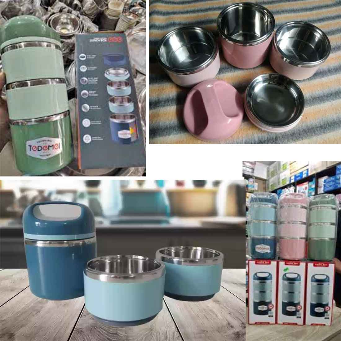 Picture of Tedemei 3 layers 1.43L with handle portable leak-proof Filled PU Foam inner stainless steel bowl student bento lunch box