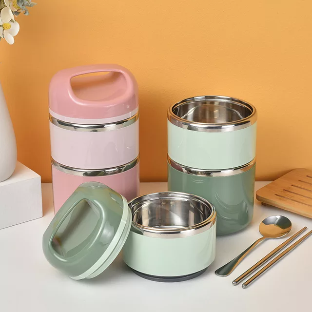 Picture of Tedemei 3 layers 1.43L with handle portable leak-proof Filled PU Foam inner stainless steel bowl student bento lunch box