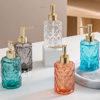 Picture of Glass Soap Dispenser with  Rust Proof Pump, Refillable Liquid Hand Soap Dispenser for Bathroom, Premium Kitchen handwash Dispenser (Clear)  Diamond Design