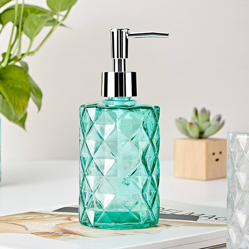 Picture of Glass Soap Dispenser with  Rust Proof Pump, Refillable Liquid Hand Soap Dispenser for Bathroom, Premium Kitchen handwash Dispenser (Clear)  Diamond Design