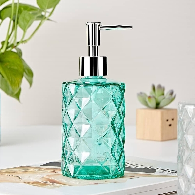 Picture of Glass Soap Dispenser with  Rust Proof Pump, Refillable Liquid Hand Soap Dispenser for Bathroom, Premium Kitchen handwash Dispenser (Clear)  Diamond Design