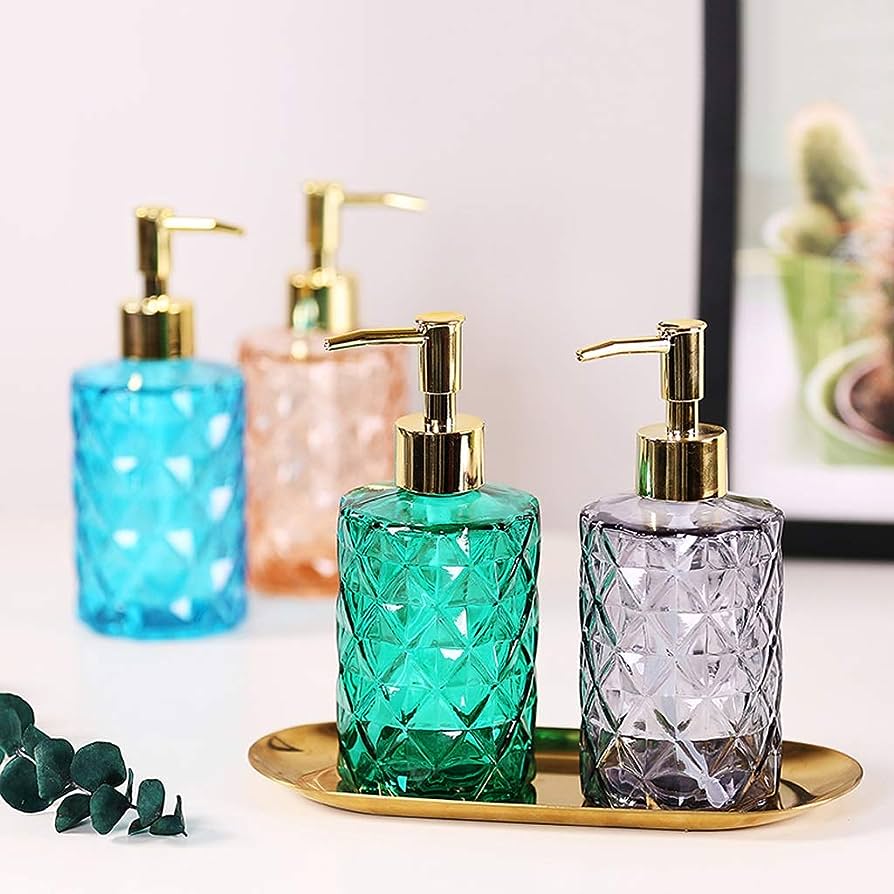 Picture of Glass Soap Dispenser with  Rust Proof Pump, Refillable Liquid Hand Soap Dispenser for Bathroom, Premium Kitchen handwash Dispenser (Clear)  Diamond Design