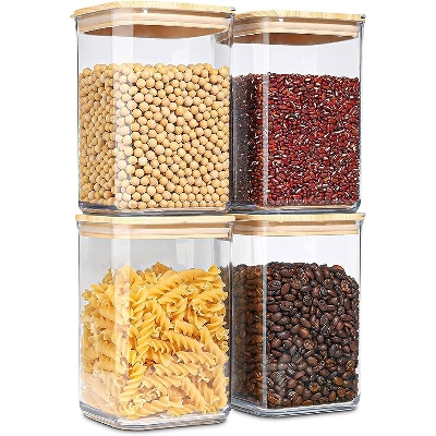 Picture of 450ml Square Storage glass jar with Bamboo Airtight lid With Spice Kitchen Home accessories