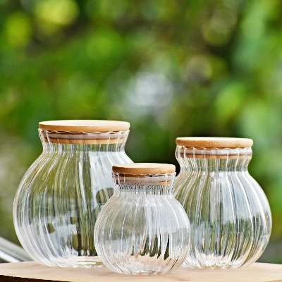 Picture of 1 pcs 600 ml Curvy Pumpkin Airtight Glass Jar w/ Bamboo Lid