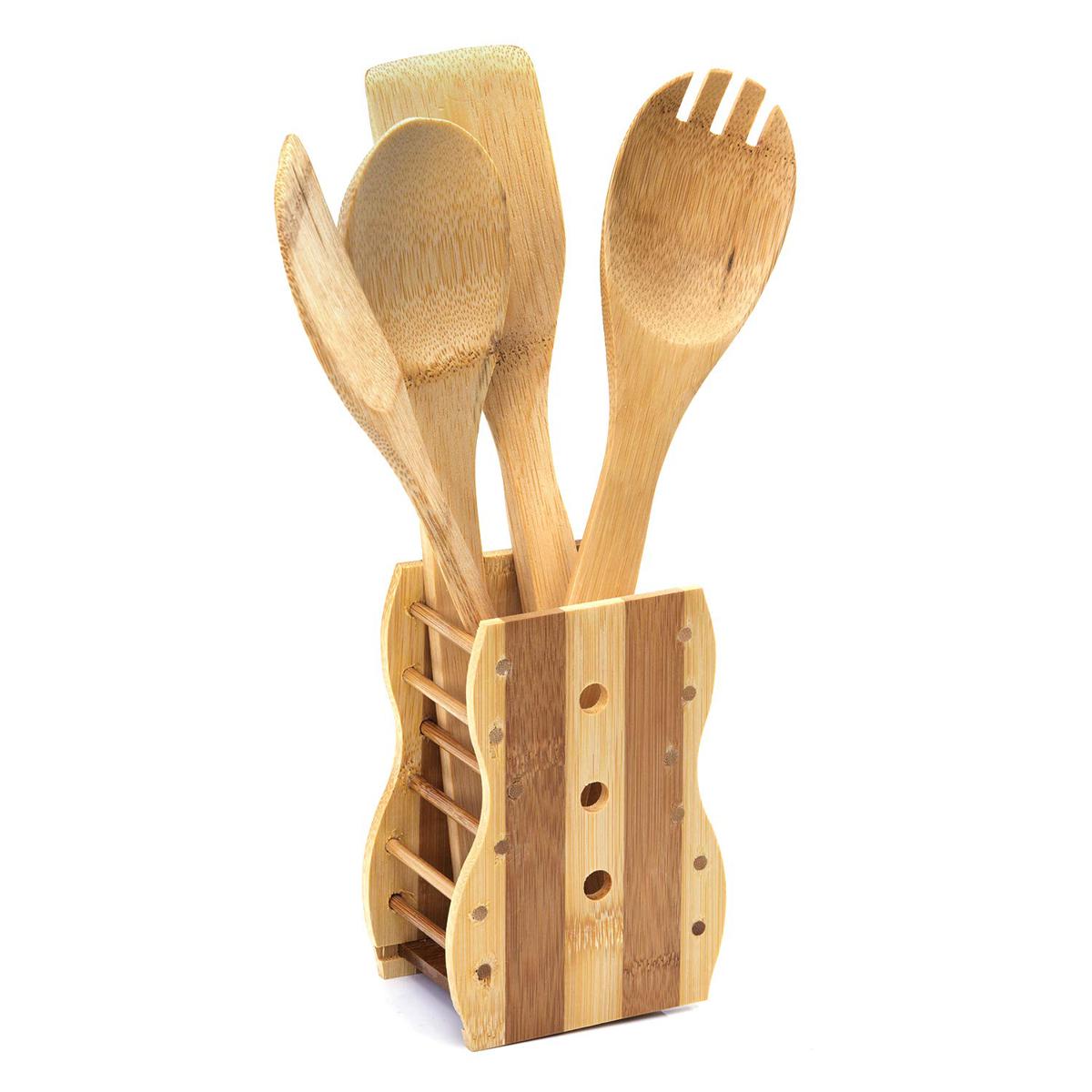 Picture of Wooden Bamboo Kitchen Tools 4 Piece Bamboo Kitchen Cooking Utensils Set with nice holder Tools Spoon Turne