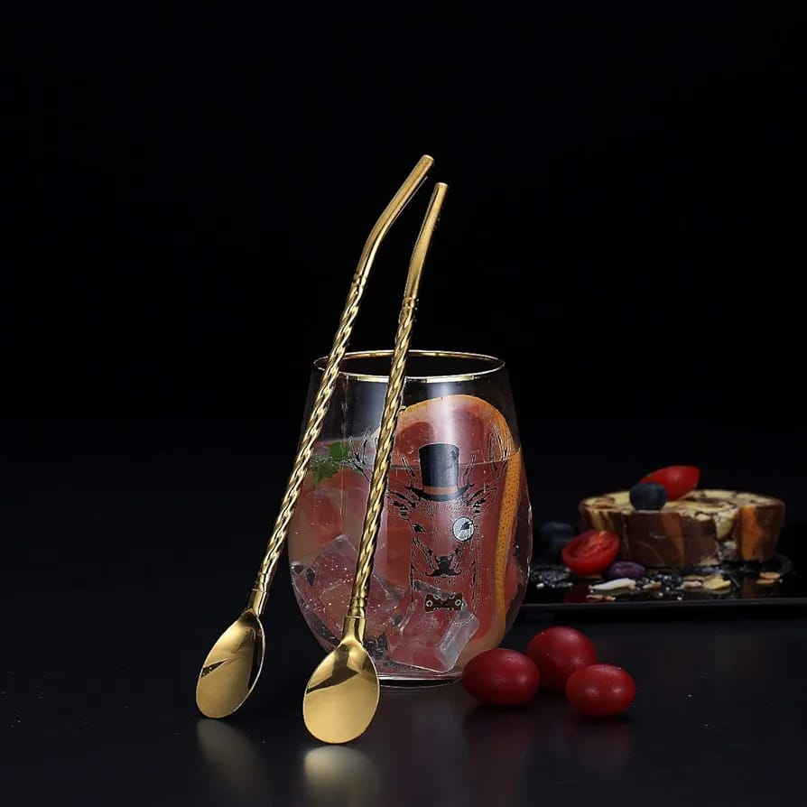 Picture of Straw Spoon Beverage Stirring Spoon Long Handle Dessert Coffee Spoon Reusable Straw Tableware 2 In 1 Stainless Steel