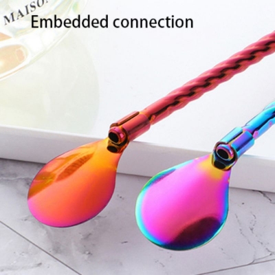 Picture of Straw Spoon Beverage Stirring Spoon Long Handle Dessert Coffee Spoon Reusable Straw Tableware 2 In 1 Stainless Steel