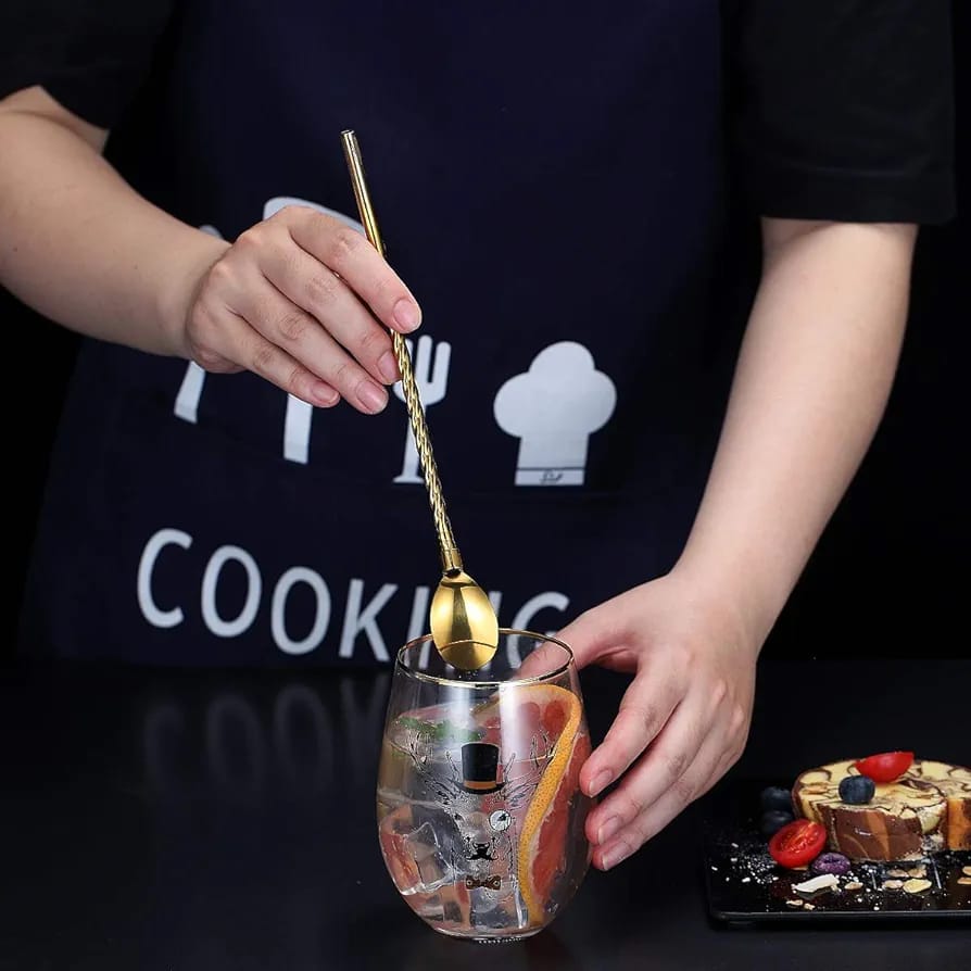 Picture of Straw Spoon Beverage Stirring Spoon Long Handle Dessert Coffee Spoon Reusable Straw Tableware 2 In 1 Stainless Steel