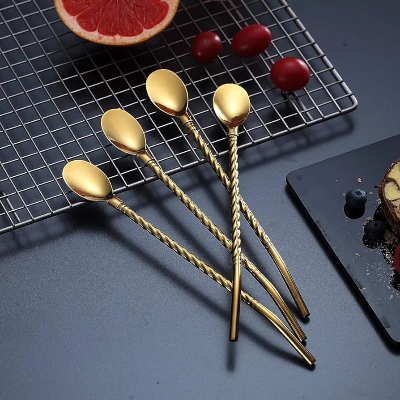 Picture of Straw Spoon Beverage Stirring Spoon Long Handle Dessert Coffee Spoon Reusable Straw Tableware 2 In 1 Stainless Steel