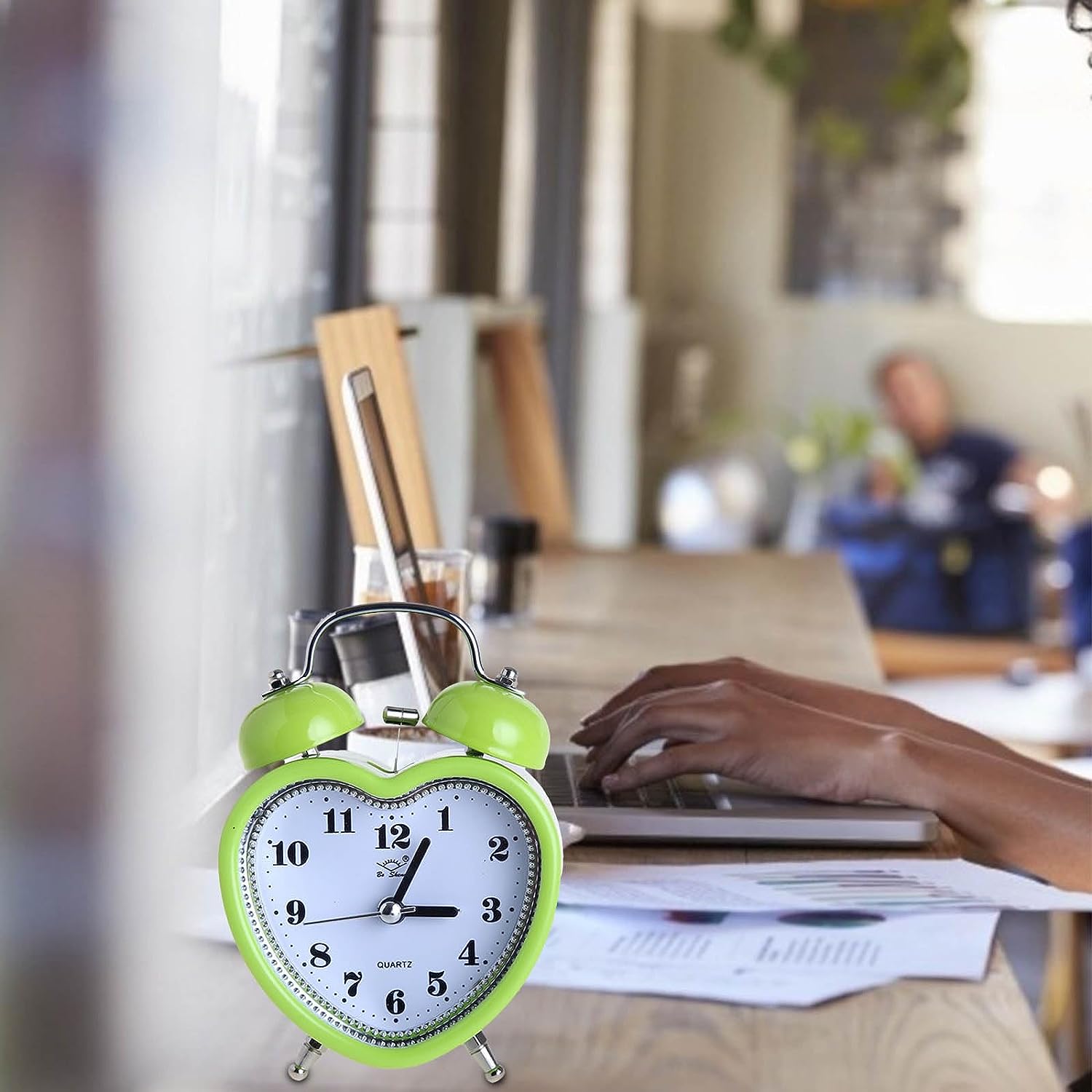 Picture of Heart Shape Bell Alarm Clock No Ticking Silent Night Light Time Clocks for Kids Girls Bedroom Snooze Wake Up Clocks Gift