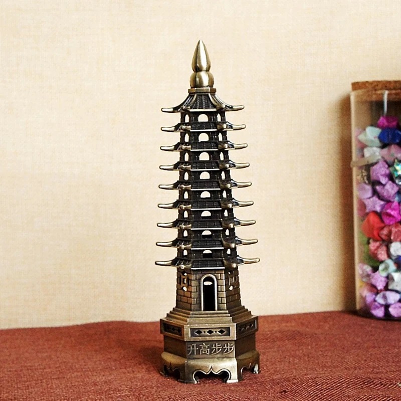 Picture of Creative Feng Shui Zinc Alloy 3D Model Chinese Wenchang Pagoda Tower Crafts Statue Souvenir Home Decoration Metal Handicraft