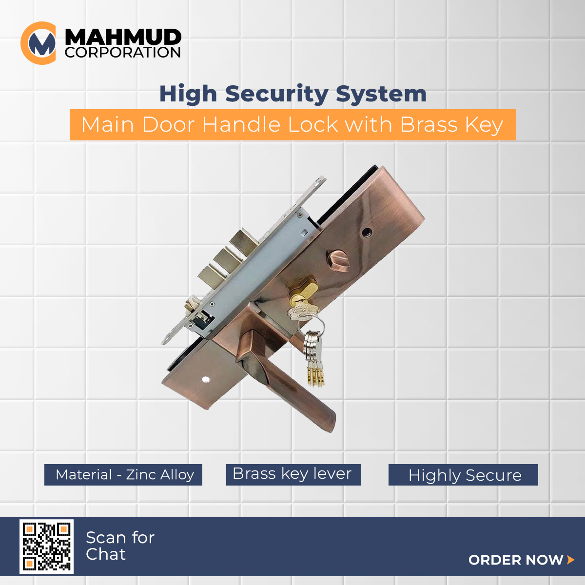 Picture of High Security System Main Door Handle Lock with Brass key&extra security system-MHN