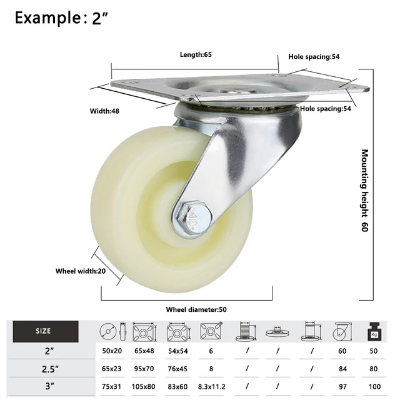 Picture of 2" 4PC Universal Swivel Casters Furniture Wheel Castor White PP Nylon Dual Roller Wheel For Platform Trolley Chair Fixed Swivel-MHN