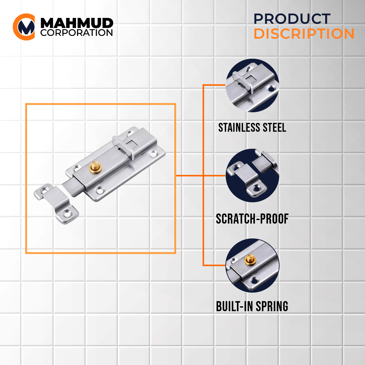 Picture of 3 Inch Stainless Steel Buckle Bolt Automatic Spring Latch Bolt Surface Mounted-MHN - door bottom sealing strip - Vintage Choice