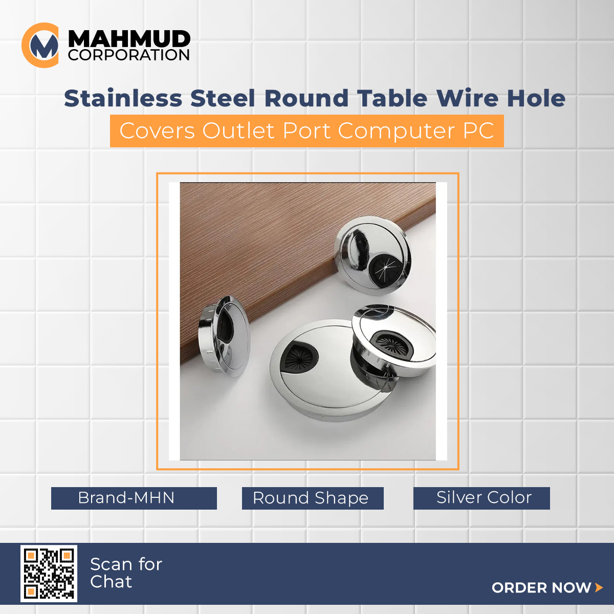 Picture of Stainless Steel Round Table Wire Hole Covers Outlet Port Computer PC Desk Cable Grommet Line Holder-60mm-MHN