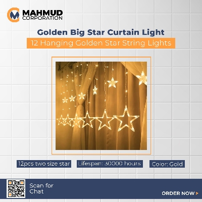 Picture of Golden Big Star Curtain Light, 12 Hanging Golden Star String Lights, Drawing room decoration LED Curtain String Light Fairy LED Star String