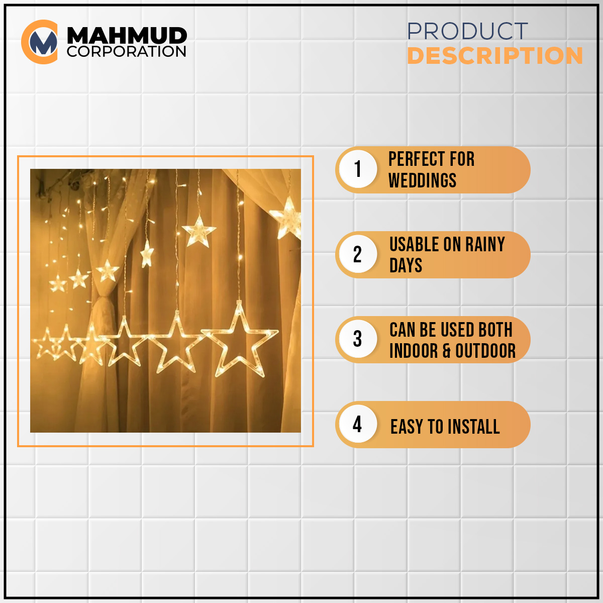 Picture of Golden Big Star Curtain Light, 12 Hanging Golden Star String Lights, Drawing room decoration LED Curtain String Light Fairy LED Star String