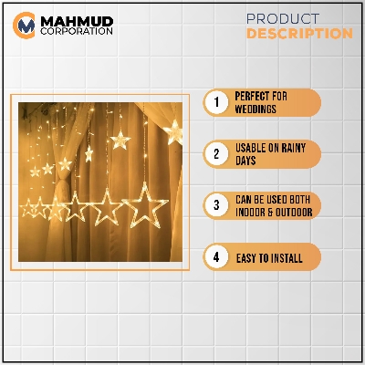 Picture of Golden Big Star Curtain Light, 12 Hanging Golden Star String Lights, Drawing room decoration LED Curtain String Light Fairy LED Star String