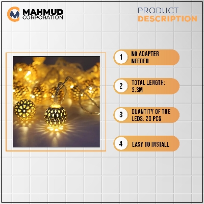 Picture of Golden Metal Ball/MOROCCAL Ball Fairy Light (Big Size), Metal Ball String Light - Fairy lights 20pcs string lights Party Wedding Decoration-MHN