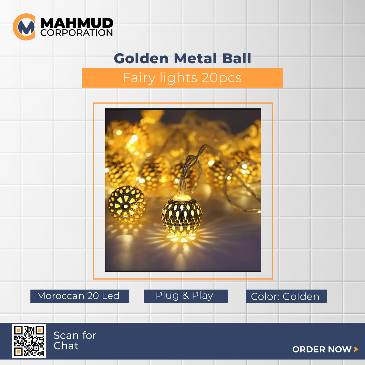 Picture of Golden Metal Ball/MOROCCAL Ball Fairy Light (Big Size), Metal Ball String Light - Fairy lights 20pcs string lights Party Wedding Decoration-MHN