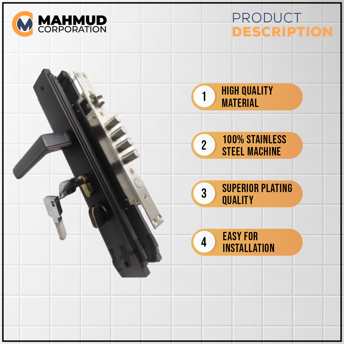 Picture of High Security System BLACK Color Main Door Handle Lock with Brass key-MHN, with Replacement Warranty