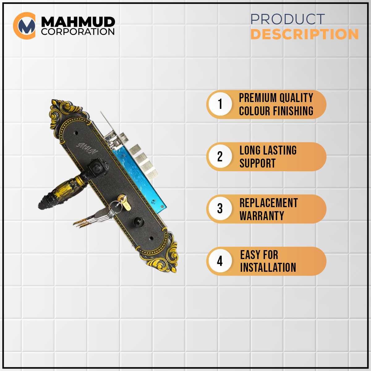 Picture of High Security System Main Door Handle Lock with Brass key