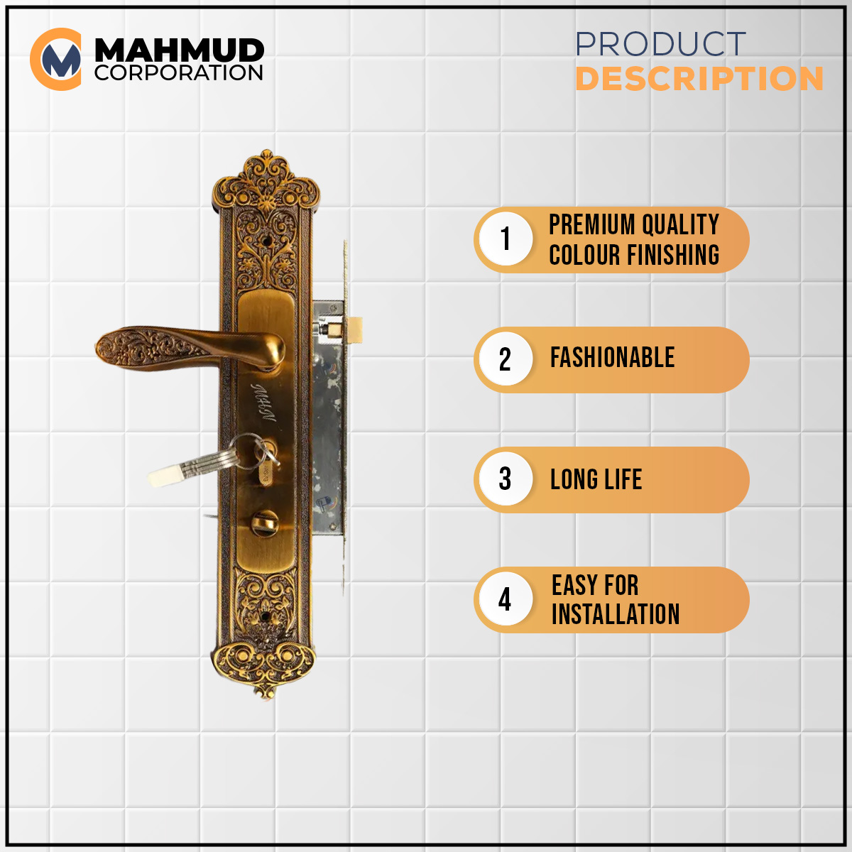 Picture of High Security System Main Door Handle Lock with Brass key
