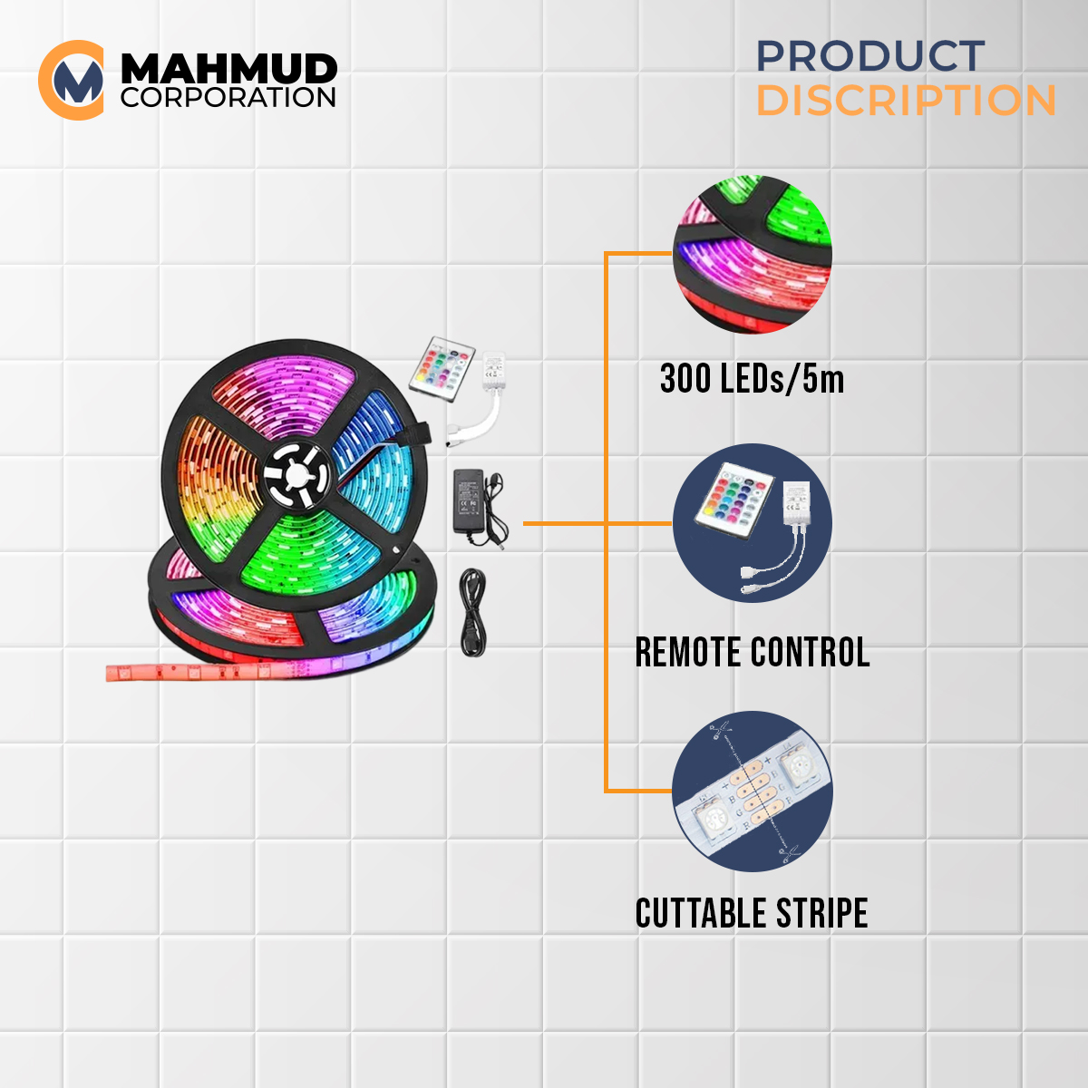 Picture of SMD 2835 DC 12V LED Strip Light With Remote- 5 meter RGB Colour fairy lights for ceiling decoration-MHNBuy 1 Get 1 Free - rgb light