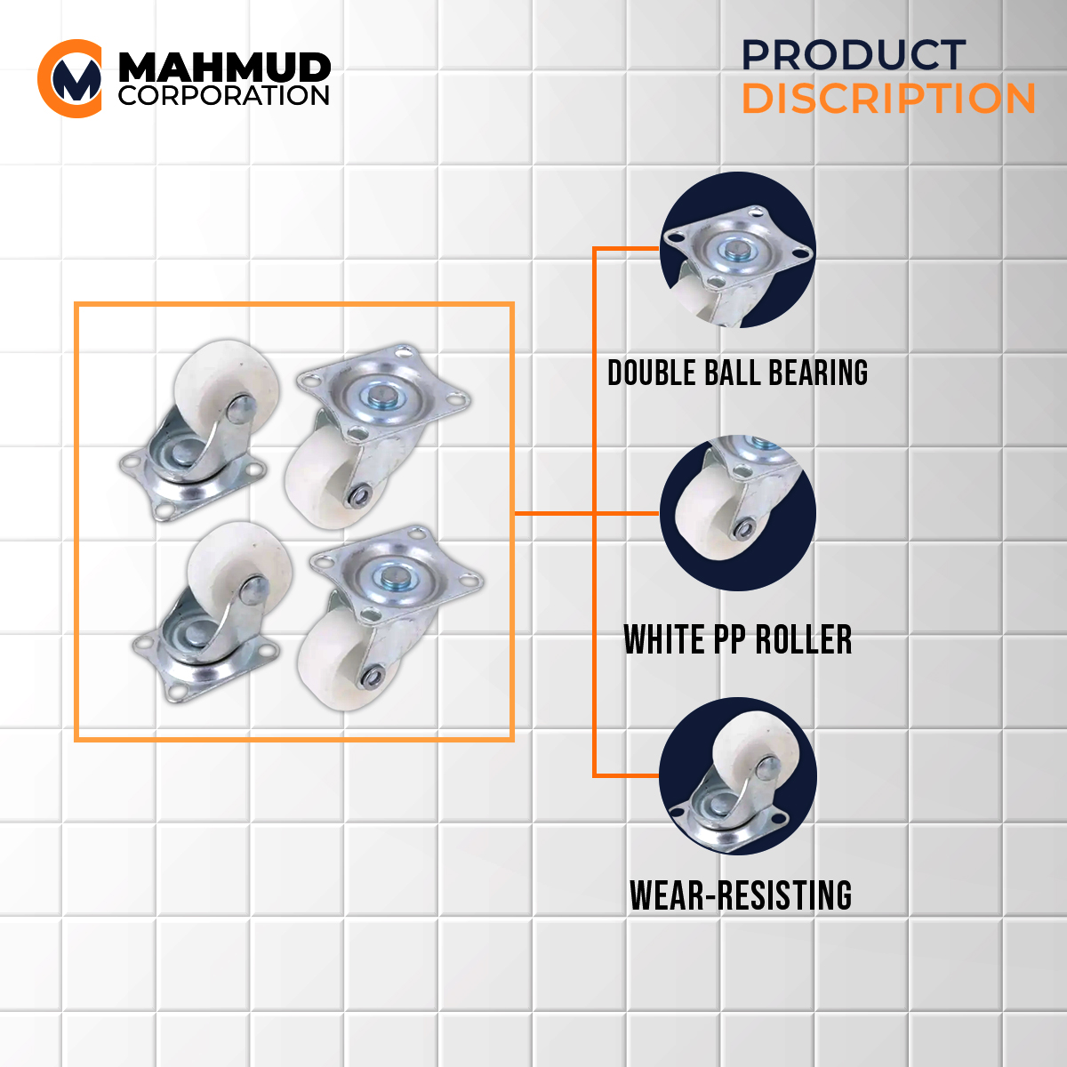 Picture of (11 Taka Deal) 1" 4PC Universal Swivel Casters Furniture Wheel Castor White PP Nylon Dual Roller Wheel For Platform Trolley Chair Fixed Swivel-MHN