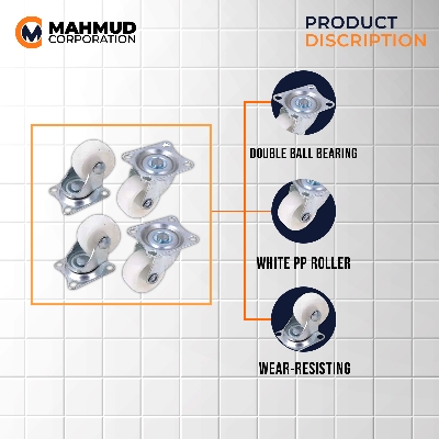 Picture of (11 Taka Deal) 1" 4PC Universal Swivel Casters Furniture Wheel Castor White PP Nylon Dual Roller Wheel For Platform Trolley Chair Fixed Swivel-MHN