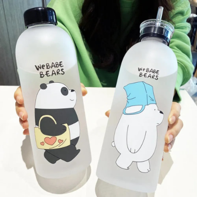 Picture of Water Bottles Cute Panda Bear Cup with Straw Transparent Cartoon 1000ml