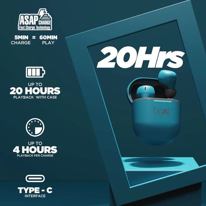 Picture of Boat airdopes 381 bluetooth truly wireless in ear, Earbuds with 20 hours playback Teal Blue INDIAN