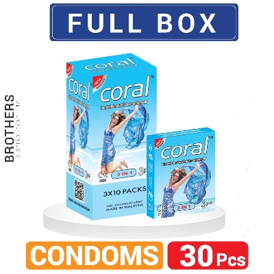 Picture of Coral 3 in 1 Lubricated Natural Latex Condoms - Full Box - 10x3=30 Pcs Condom