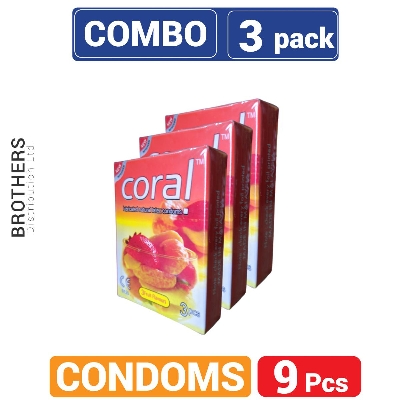 Picture of Coral 3 Fruits Flavors Lubricated Natural Latex Condoms - Combo Pack - 3x3=9Pcs