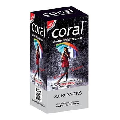 Picture of Coral Long Lasting Extra Time Lubricated Natural Latex Condoms - Full Box - 10x3=30Pcs