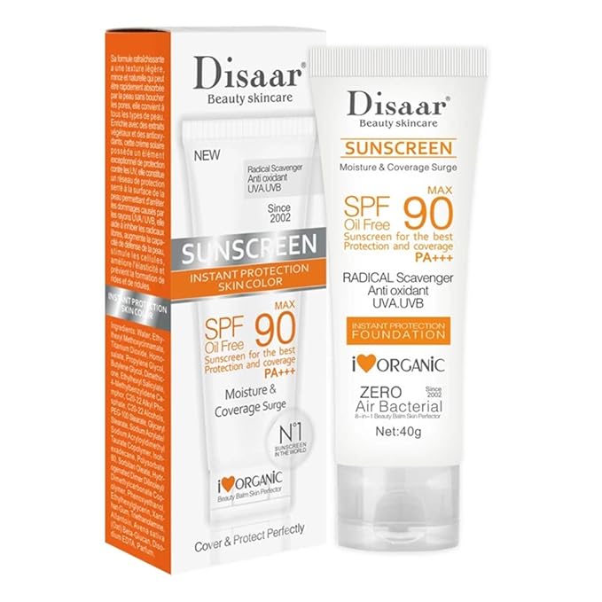 Picture of Disaar Sunscreen SPF 90 Instant Protection UVA UVB Foundation PA+++ Oil Free Sunblock Cover Protect Perfectly Moisturizing Coverage Surge 40g