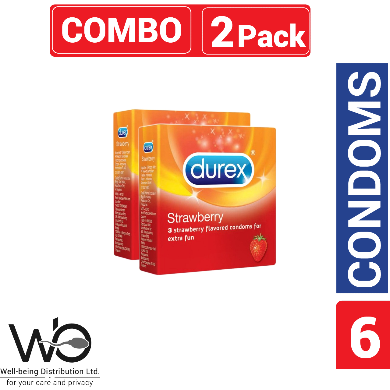 Picture of Durex - Strawberry Condom - Combo Pack - 2 Packs - 3x2=6pcs