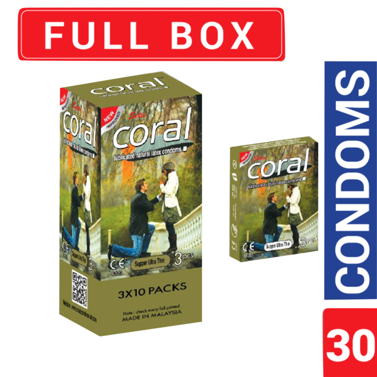 Picture of Coral - Super Ultra Thin Lubricated Natural Latex Condoms | Full Box - 3x10=30pcs | Malaysia