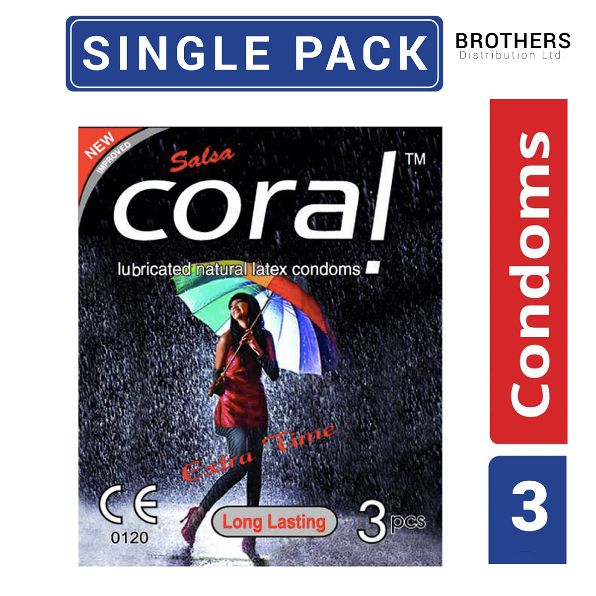 Picture of Coral- Long lasting extra time Lubricated Natural Latex Condom-Single Pack-3x1 - 3 Piece
