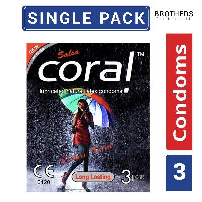 Picture of Coral- Long lasting extra time Lubricated Natural Latex Condom-Single Pack-3x1 - 3 Piece