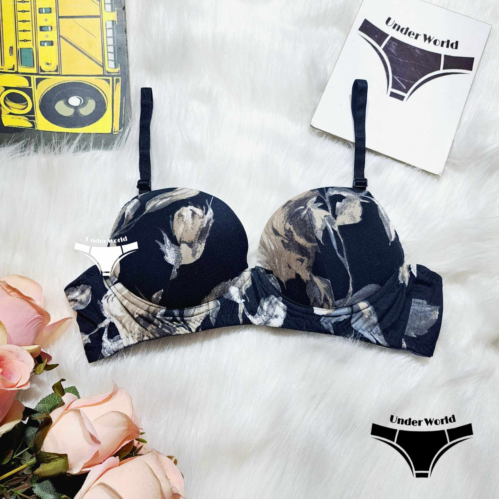 Picture of White Floral Printed Push-up Padded Foam Bra for Women – Adjustable Straps, Wire Support, Available in Sizes 32-42