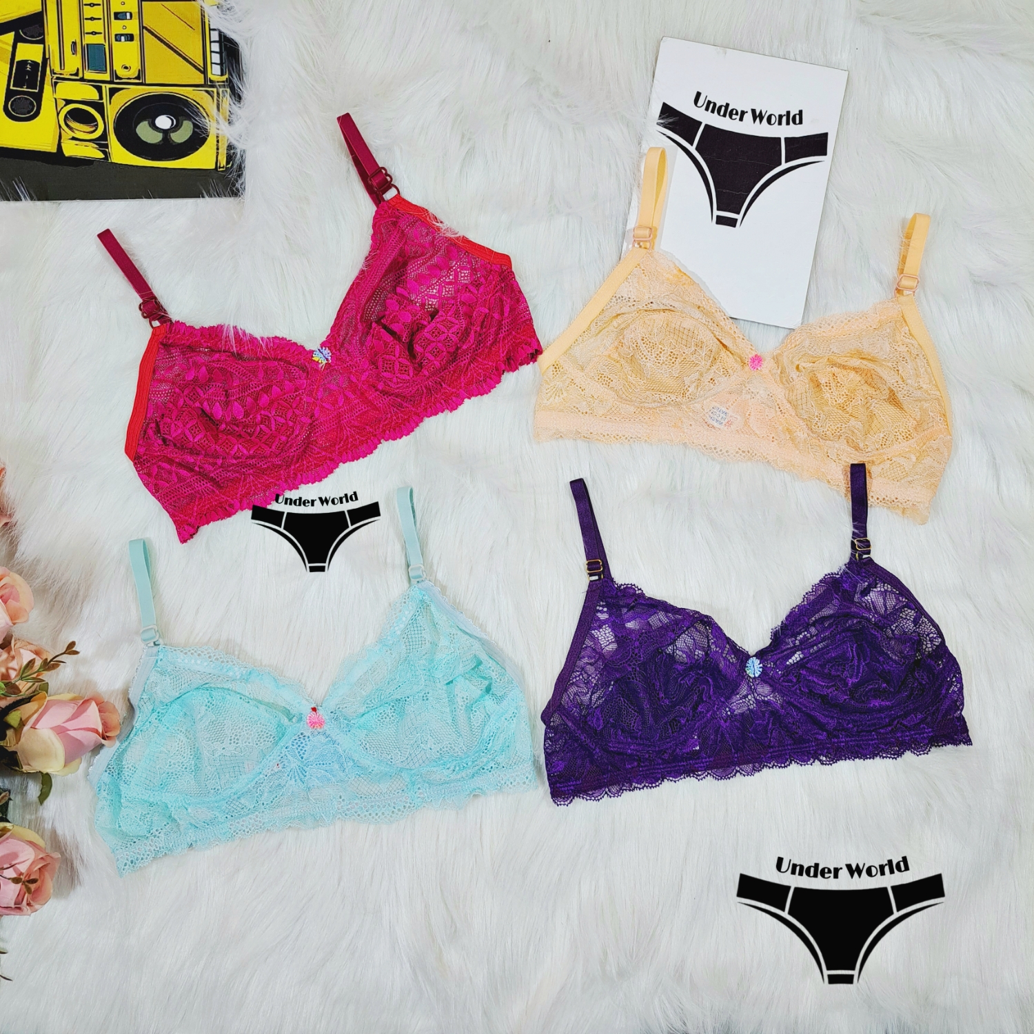 Picture of 4pcs Multicolor Soft Comfortable Net Cotton Bra for Sexy Women and Girls