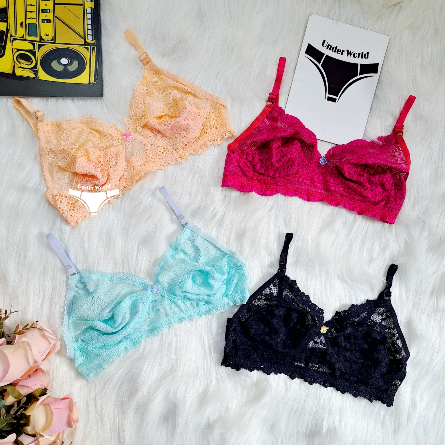 Picture of 4pcs Multicolor Soft Comfortable Net Cotton Bra for Sexy Women and Girls