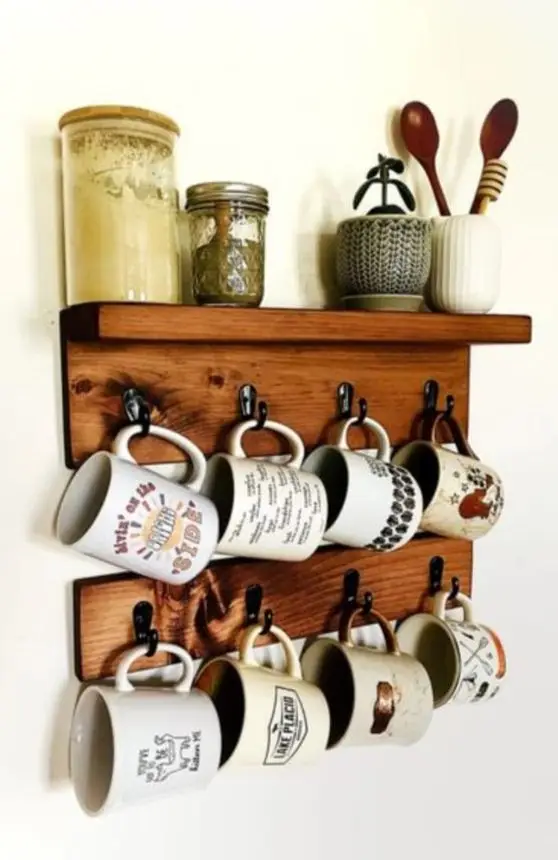 Picture of Wooden Wall Mount Cup Rack Kitchen Bar 8 Mug Hooks Mug & Cup Holder for Carafes Tea Cups Coffee Mugs