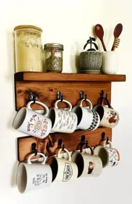 Picture of Wooden Wall Mount Cup Rack Kitchen Bar 8 Mug Hooks Mug & Cup Holder for Carafes Tea Cups Coffee Mugs