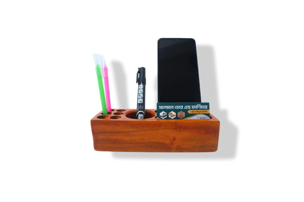 Picture of wooden pen, card, murker pen and mobile holder with polish