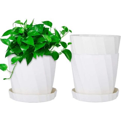Picture of 3 Pcs Plastic Plant Pots with Pallet/Trays, 5 Inchi White Flower Pots