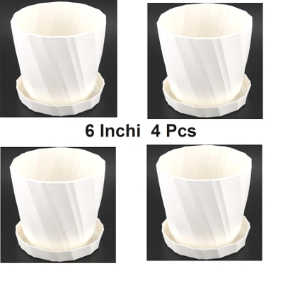 Picture of 4 Pcs 6 Inchi Plastic Plant Pots with Pallet/Trays, White Flower Pots Outdoor Indoor Yard Garden Pot Home Decoration for Office House Desk, Round Modern Decor Planter