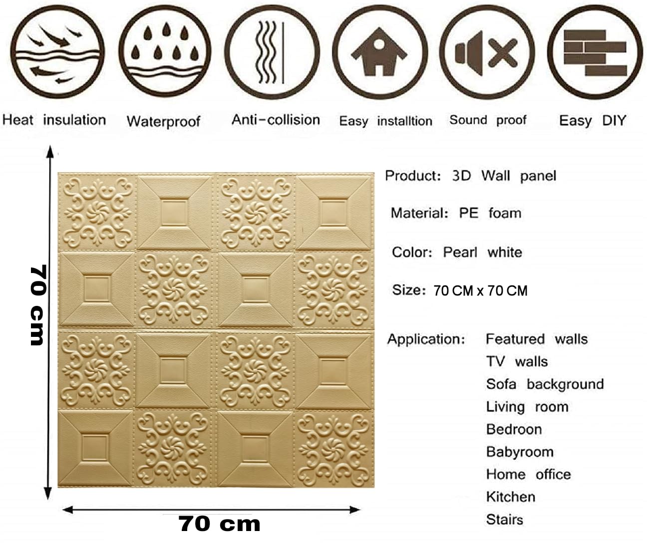 Picture of 3D Pattern Wallpaper for Walls | Soft PE Foam | Self Adhesive | Bedroom, Kitchen, Dining Room, Lobby, Office, Cafe (70 x 70 CM Approx 5.29)